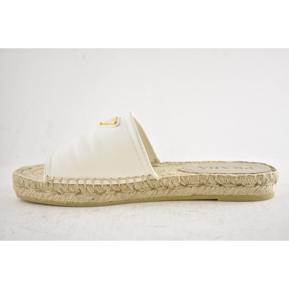 Prada Gold Triangle Logo Avorio White Leather Espadrille Slide Sandal Flat 37 - Picture 13 of 16